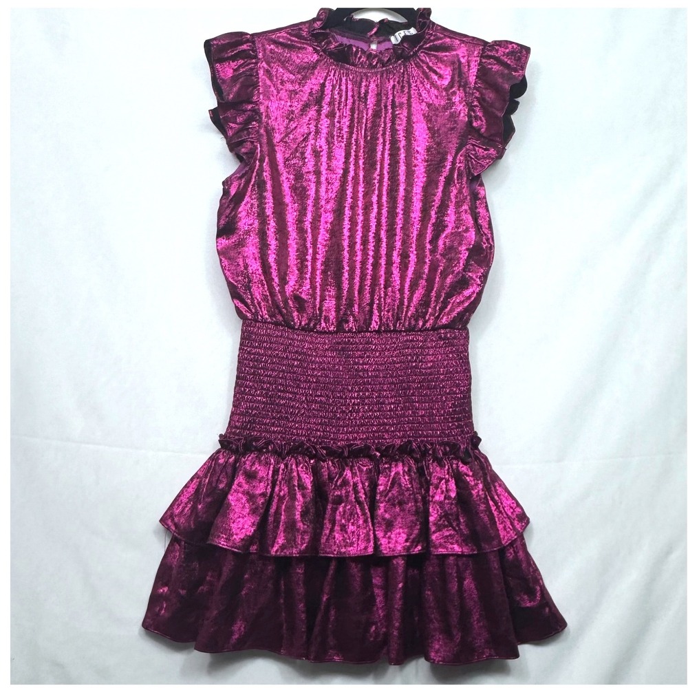 TCEC Metallic Magenta Ruffle Mini Dress Smocked Waist Medium